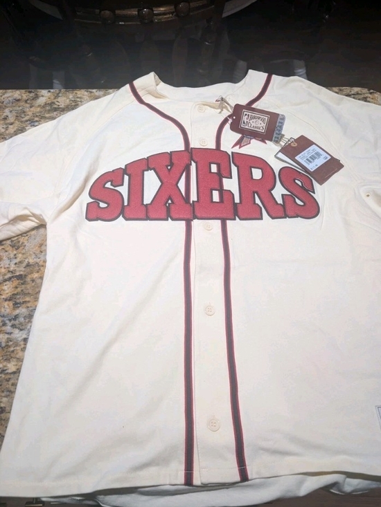 ME Makeover Essentials Tops - ME Makeover Essentials Sixers Cream Baseball Jersey with Red Trim